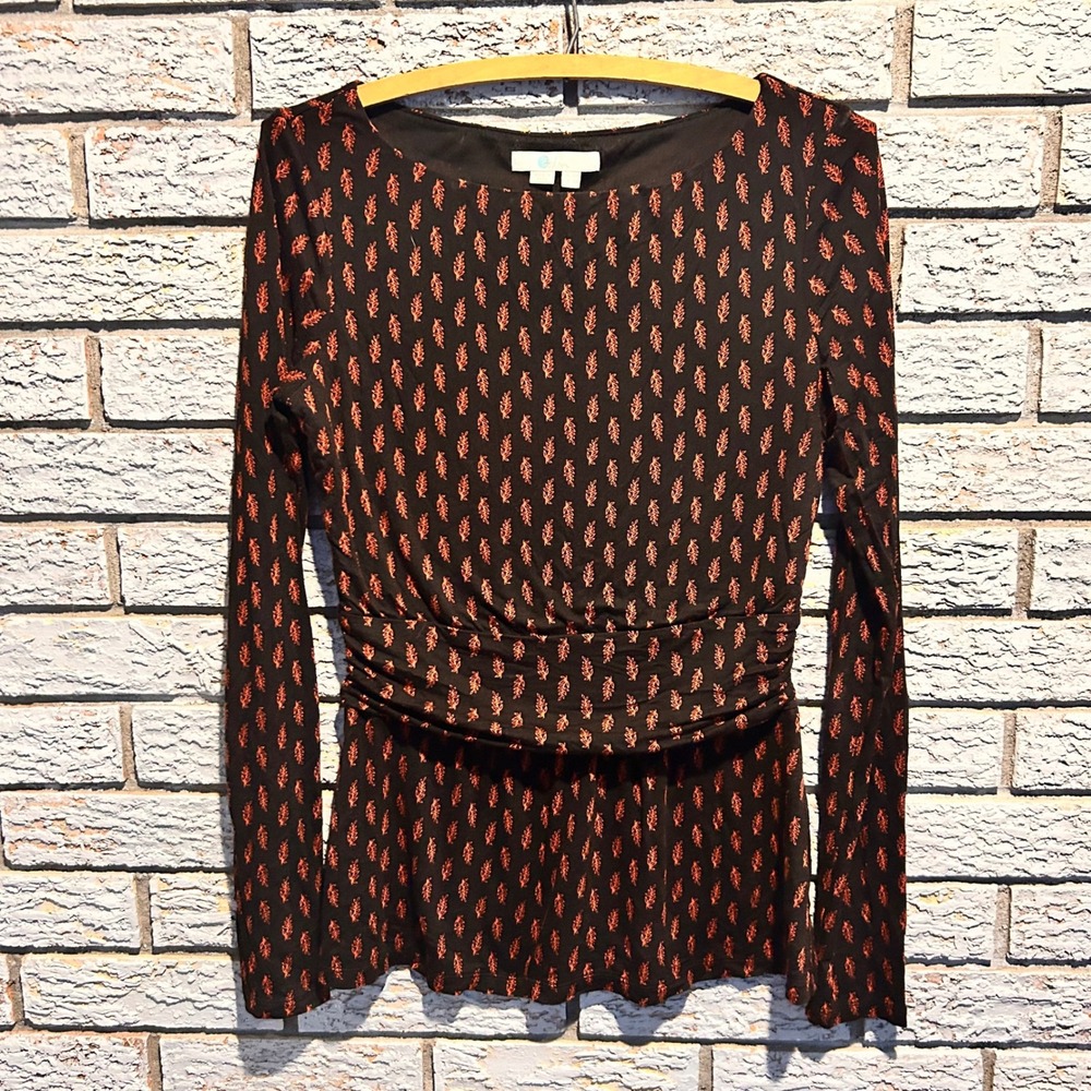 Boden Womens Black Orange Leaf Print Ruched Waist Jersey Top Size US 4R